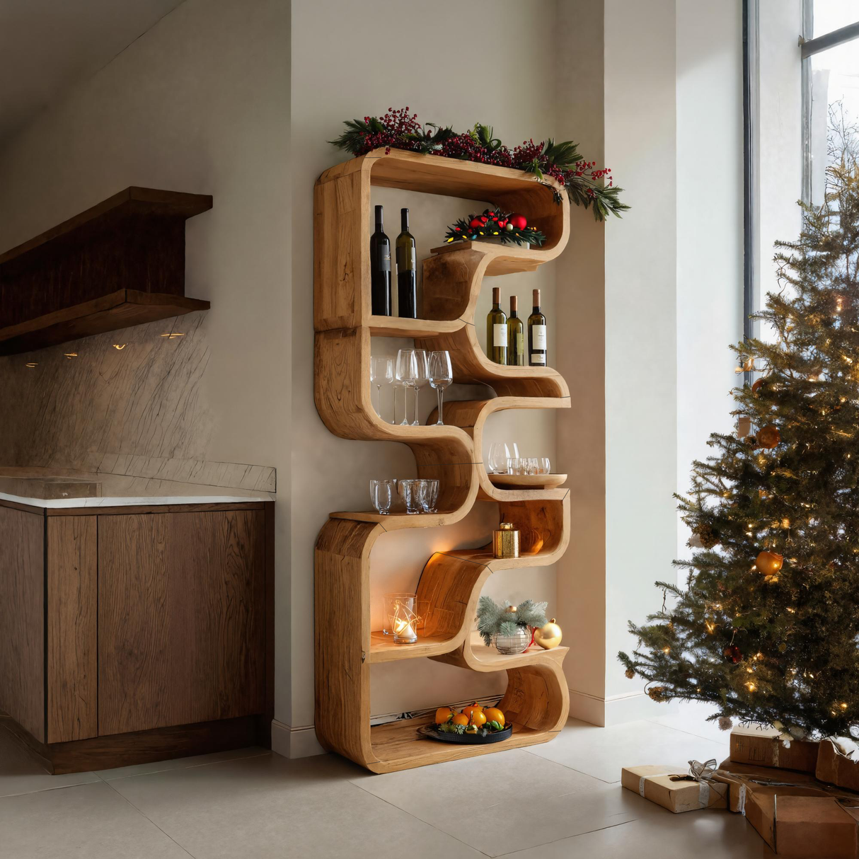 Christmas Handmade Curved Shelf Bar For Dining Room