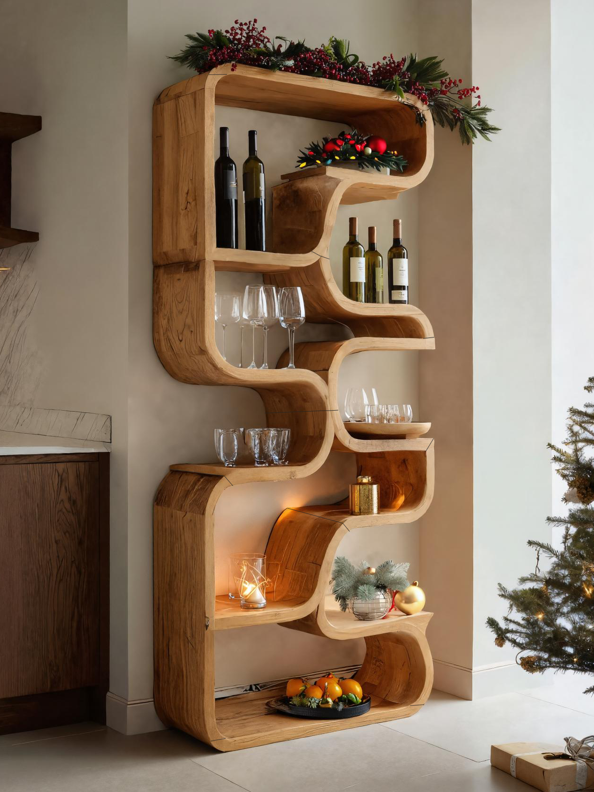 Christmas Handmade Curved Shelf Bar For Dining Room