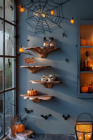 Mid Century Wooden Mushroom Shelf For Halloween Living Room