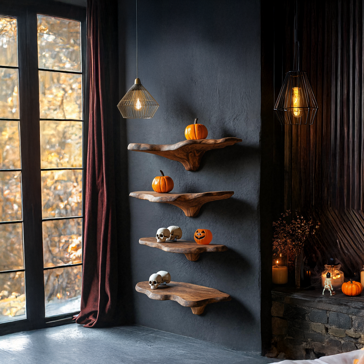 Mid Century Solid Wood Mushroom Shelf For Halloween Wall Design