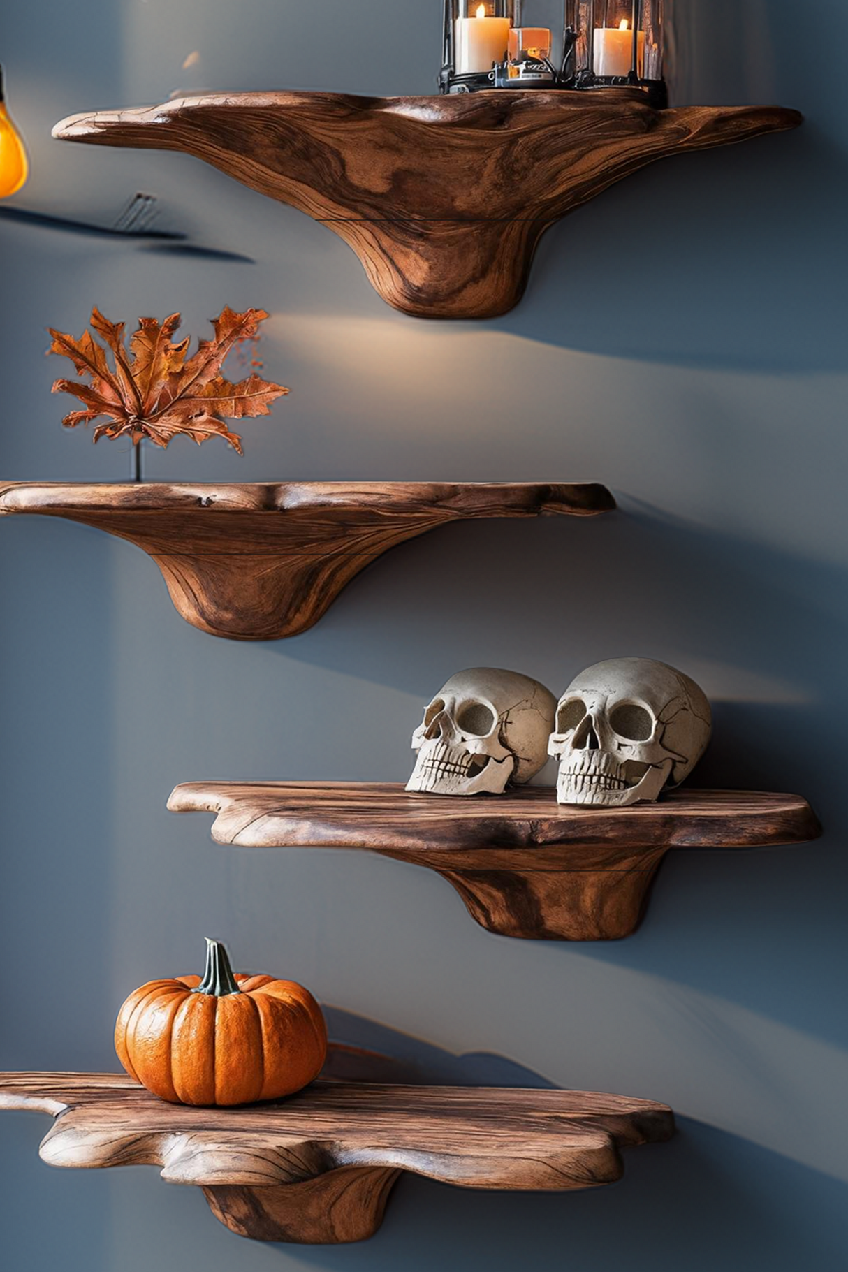 Mid Century Wooden Mushroom Shelf For Halloween Living Room