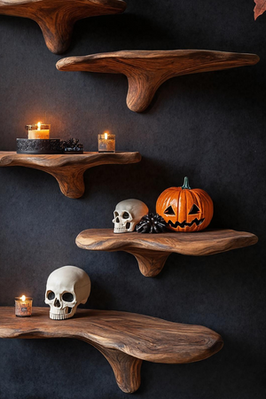 Mid Century Live Edge Mushroom Shelf Halloween Bedroom Styling