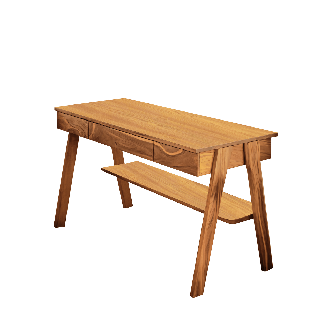 Mid Century Wooden Writing Desk With Drawers And Shelf For Home Office