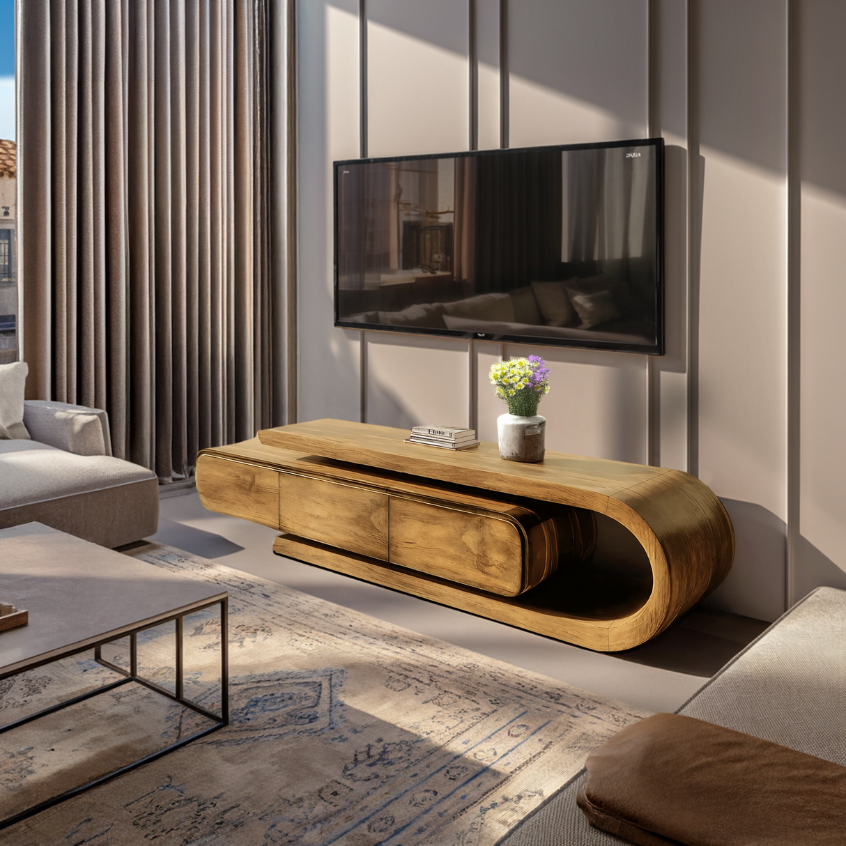 Contemporary Curved Wooden TV Console For Living Room