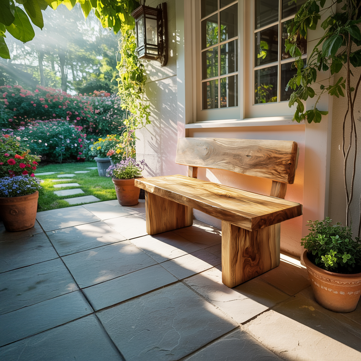 Handcrafted Outdoor Wooden Bench For Garden Or Patio
