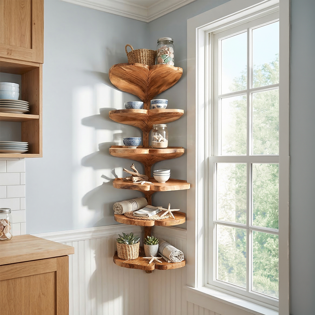 Mid Century Leaf Shape Corner Shelf Kitchen Wall Organizer