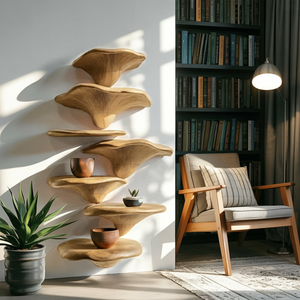 Handcrafted Solid Wood Mushroom Shelf For Organic Furniture Decor