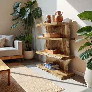 Modern Wooden Live Edge Standing Shelf For Entryway Storage Decor