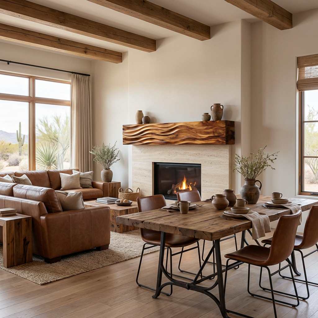 Rustic Wooden Fireplace Shelf With Wave Carved For Living Room
