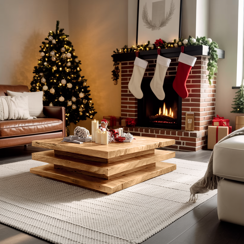 Rustic Wooden Live Edge Coffee Table For Christmas Living Room