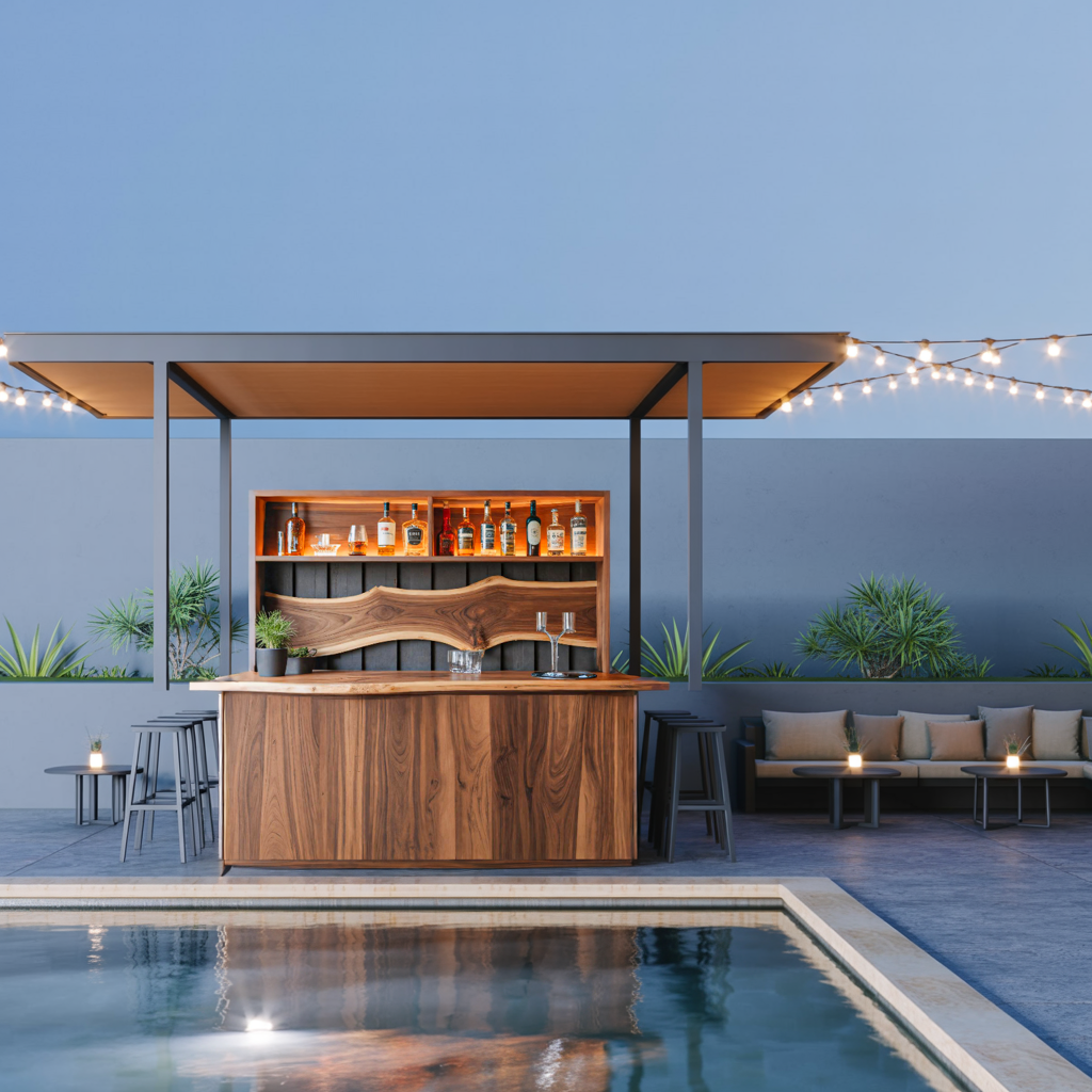 Modern Live Edge Indoor Bar Table With Wave Shelf For Home Lounge