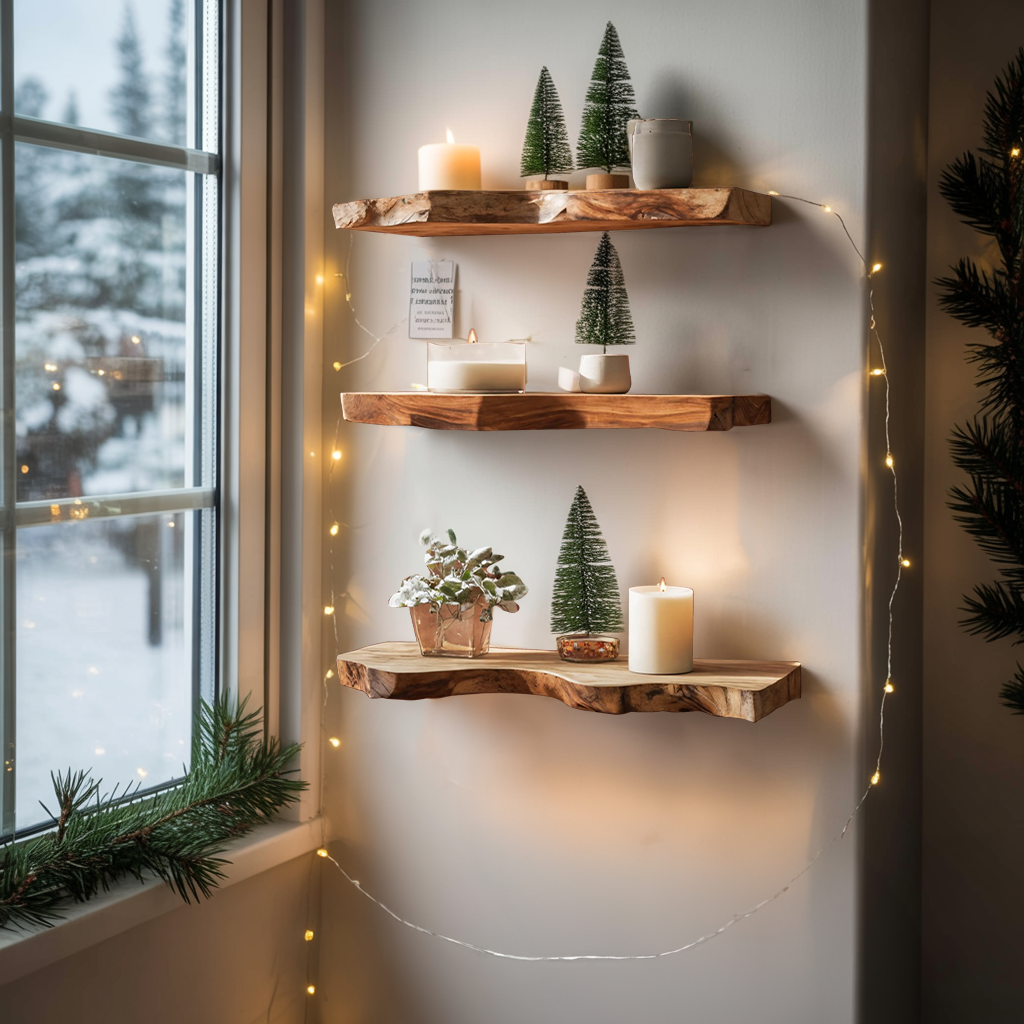 Mid Century Wooden Floating Shelf For Holiday Living Room Setup