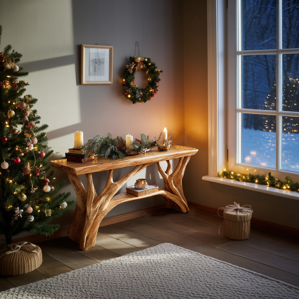 Rustic Wooden Live Edge Console Table For Christmas Living Room