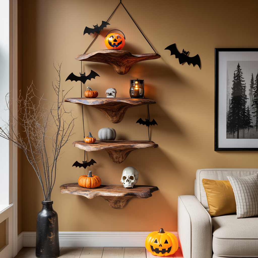 Handcrafted Live Edge Mushroom Shelf For Halloween Entryway