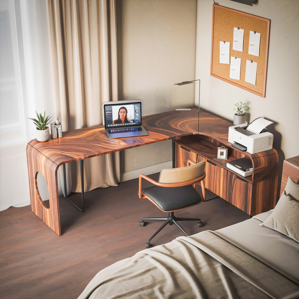 Modern L Shaped Wooden Desk With Rounded Corners For Executive Office