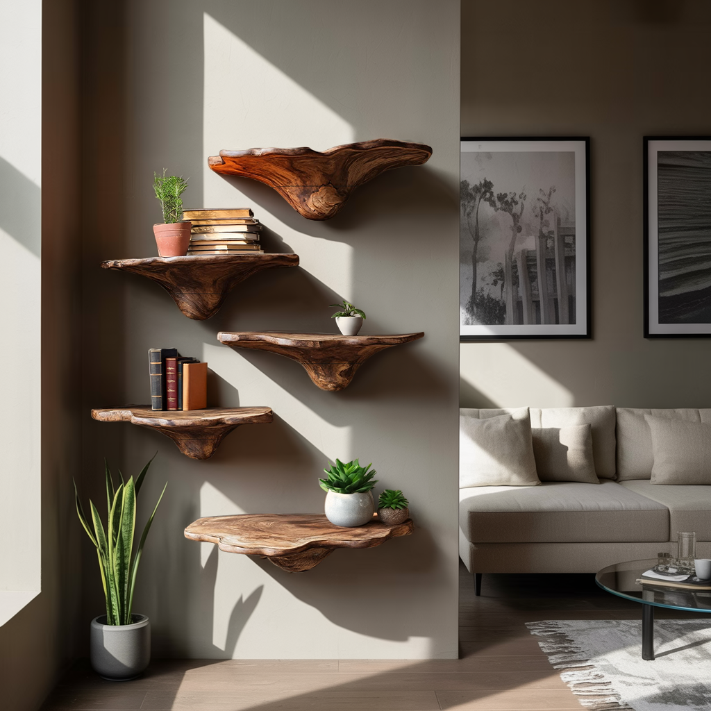 Handcrafted Live Edge Mushroom Shelf For Entryway Design