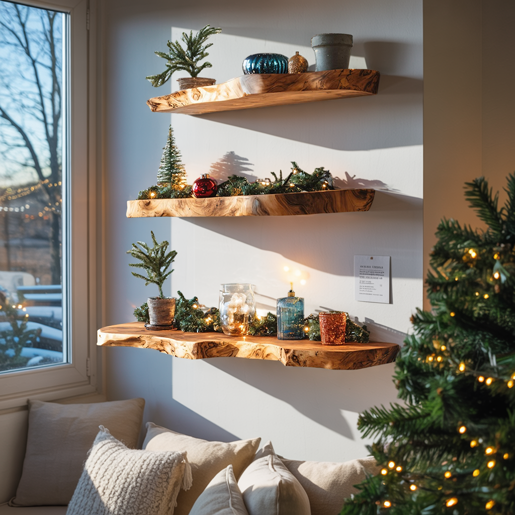 Mid Century Live Edge Floating Shelf For Xmas Bedroom Decoration