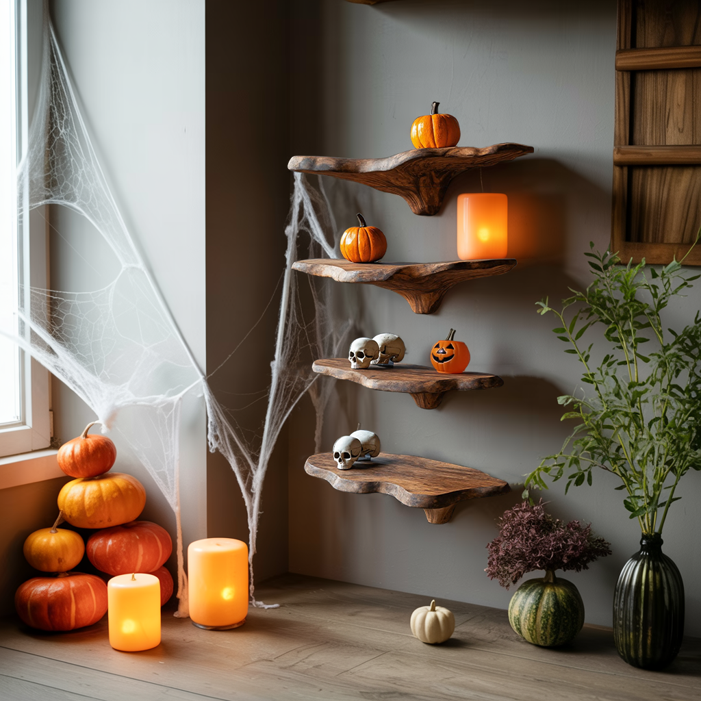 Mid Century Solid Wood Mushroom Shelf For Halloween Wall Design