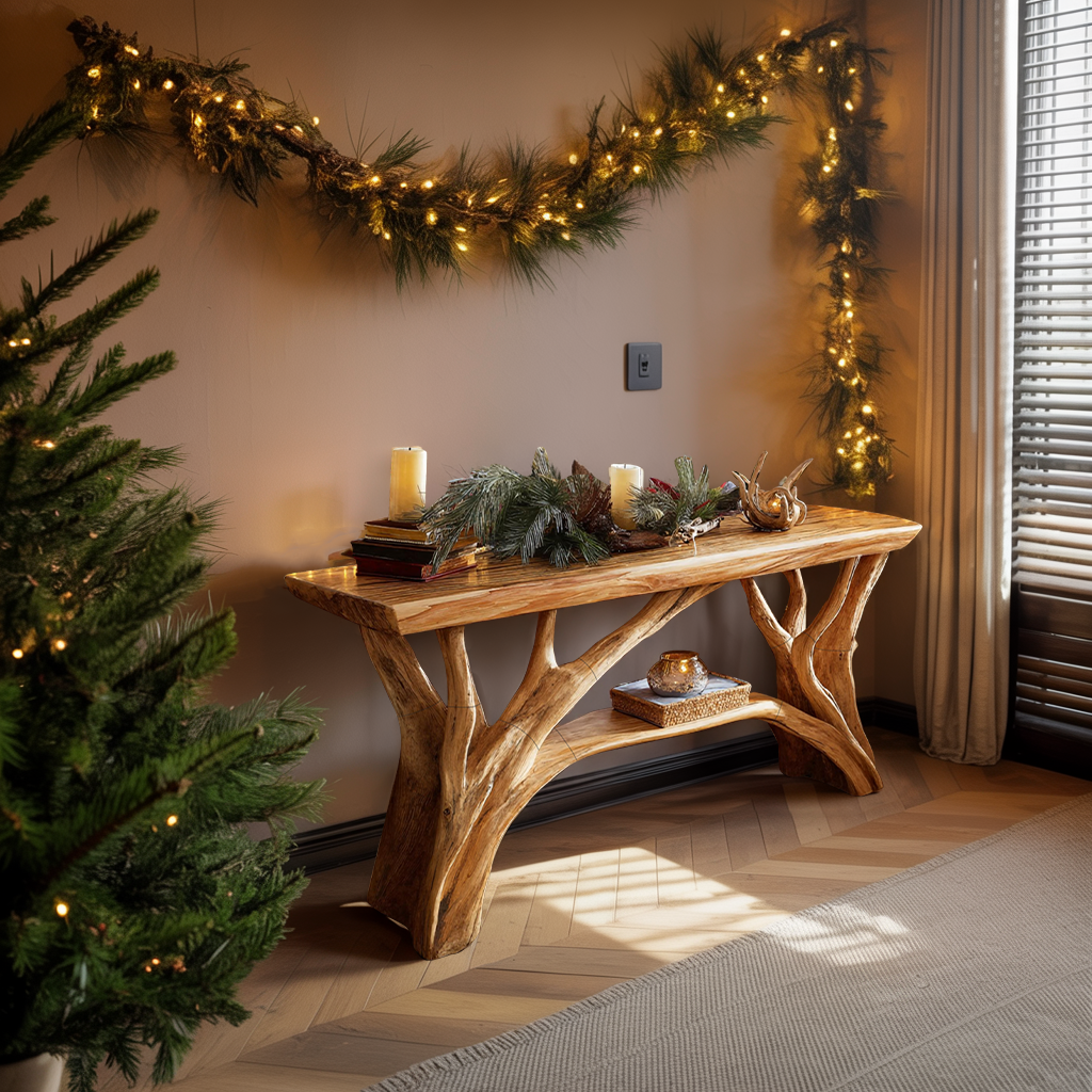 Rustic Wooden Live Edge Console Table For Christmas Living Room