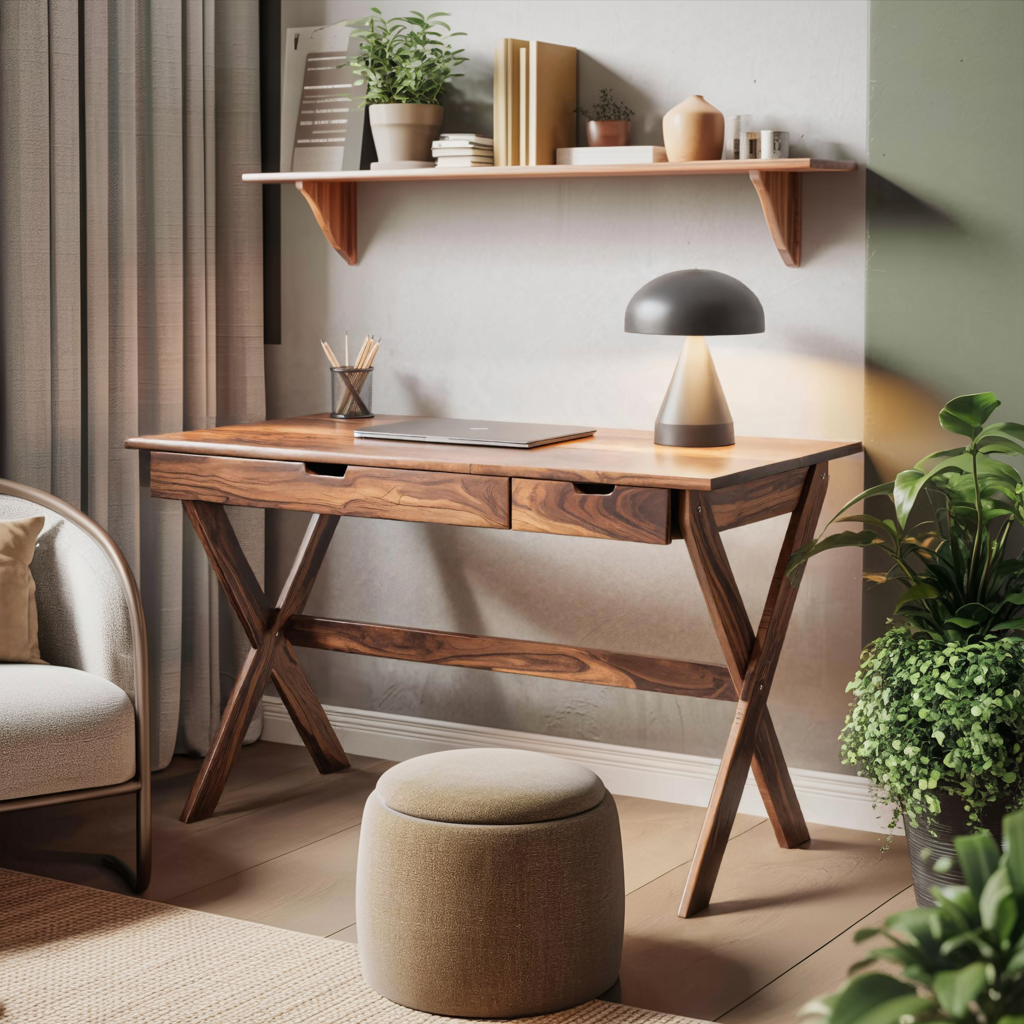 Scandinavian Wooden Desk with X Shaped Legs For Home Office Or Study