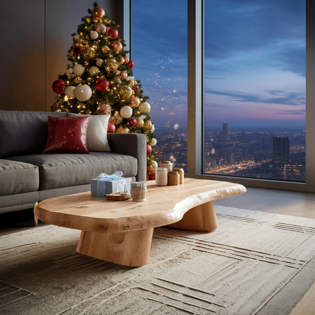 Mid Century Wooden Live Edge Coffee Table For Holiday Entryway Use