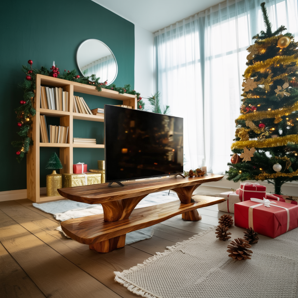 Farmhouse Wooden Live Edge TV Console For Winter Decor Style