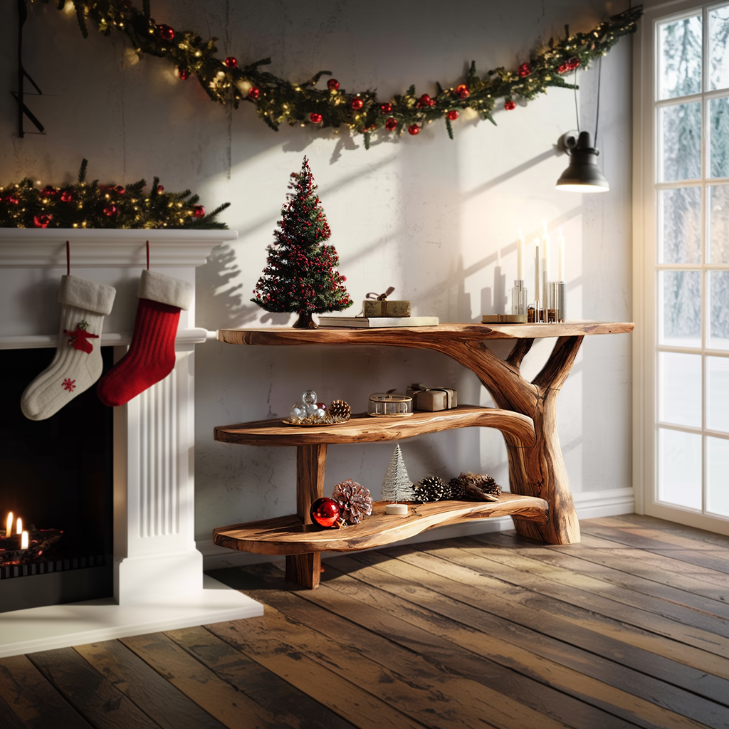 Modern Wooden Live Edge Console Table For Holiday Living Room Xmas Accent