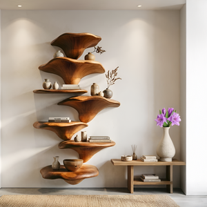 Handcrafted Solid Wood Mushroom Shelf For Organic Furniture Decor