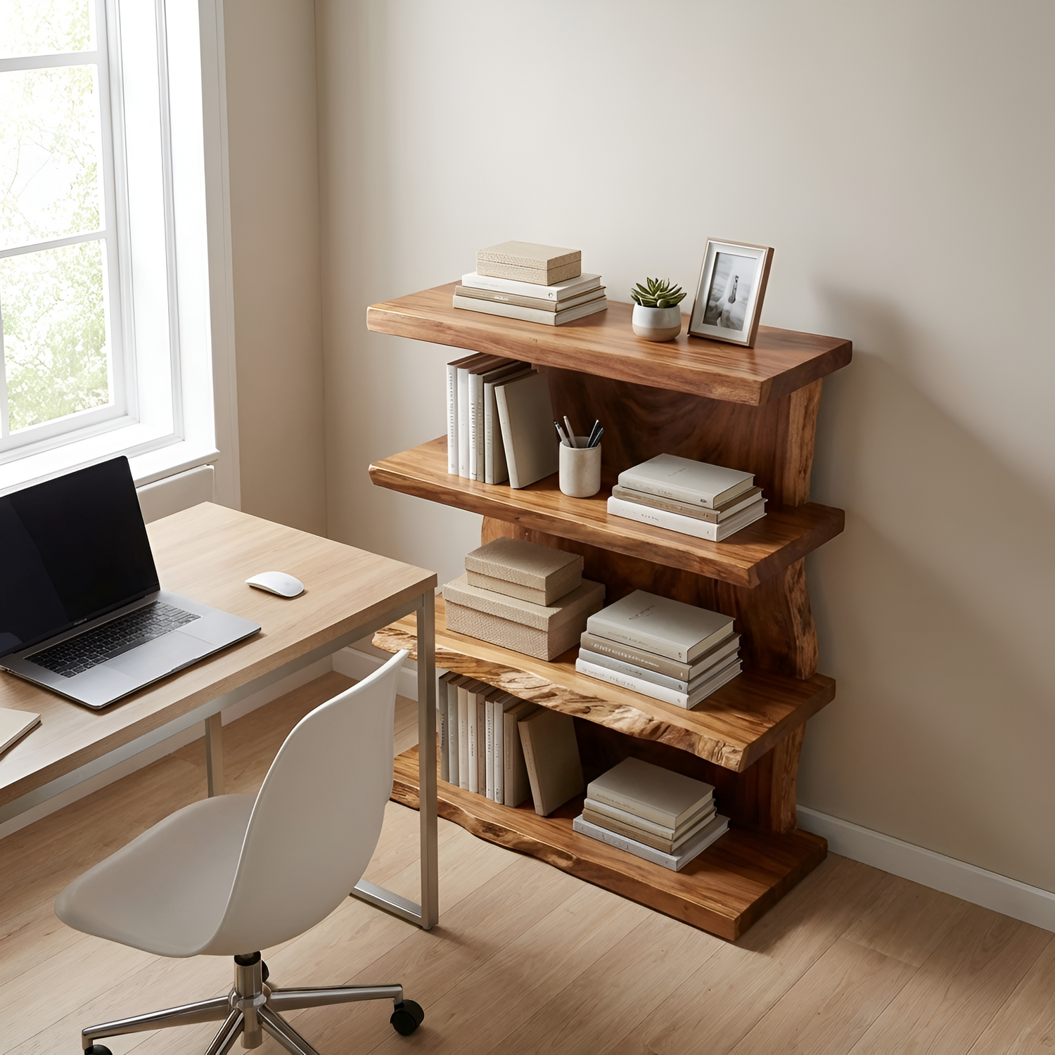 Modern Wooden Live Edge Standing Shelf For Entryway Storage Decor