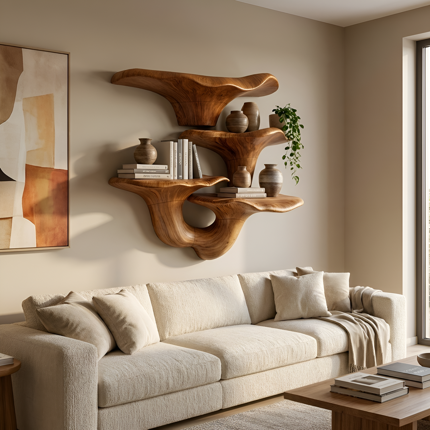 Farmhouse Wooden Live Edge Mushroom Shelf For Cozy Interior Design