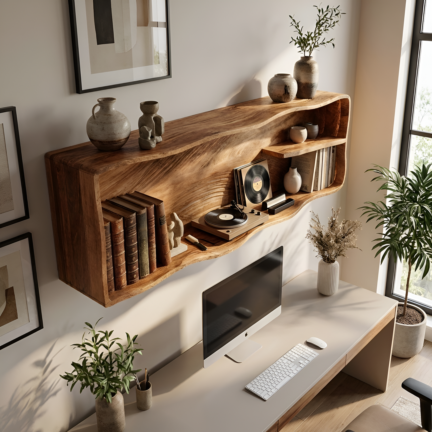 Mid Century Rustic Wooden Wall Mount Shelf For Entryway Storage