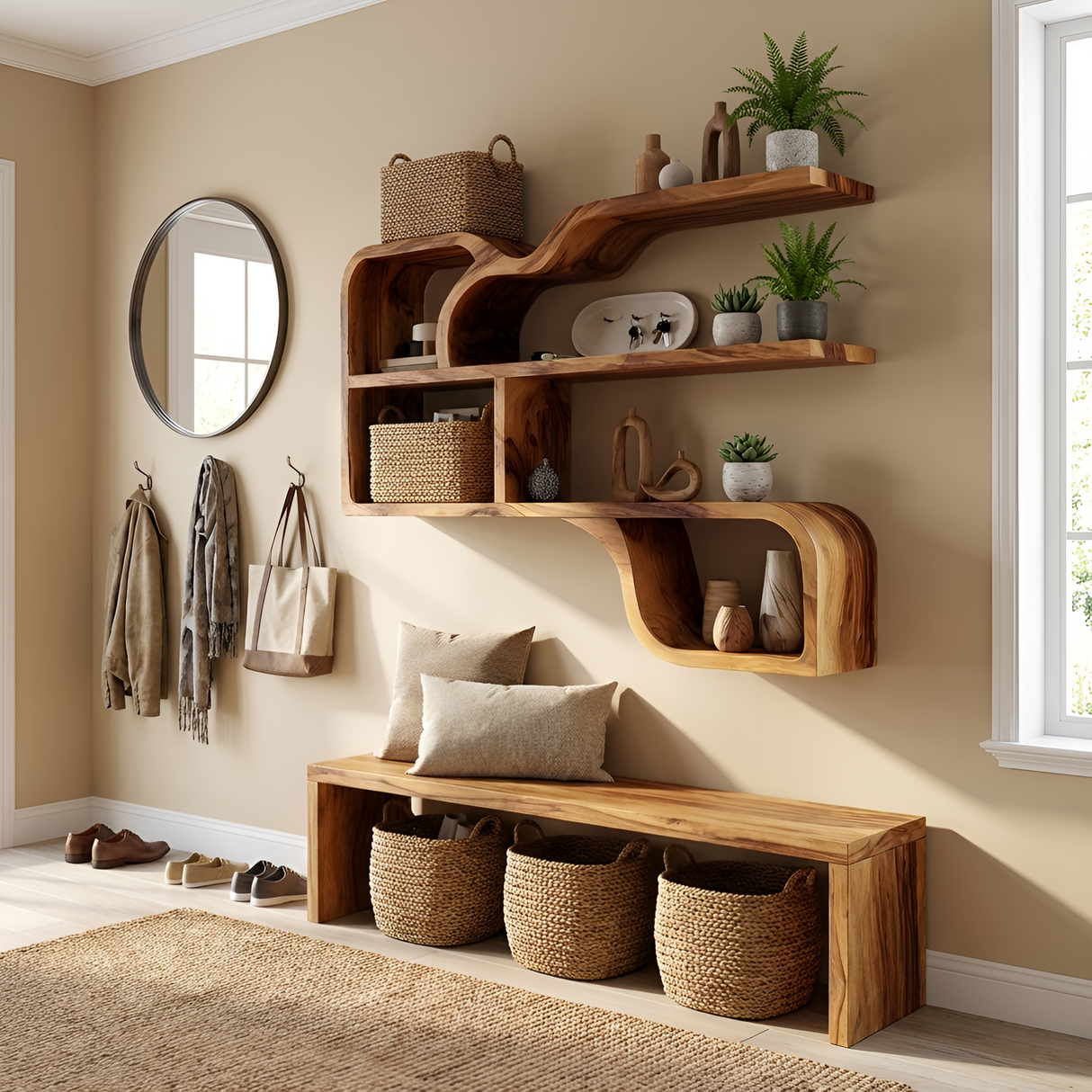 Farmhouse Rustic Wooden Wall Storage Shelf For Bathroom Organizer