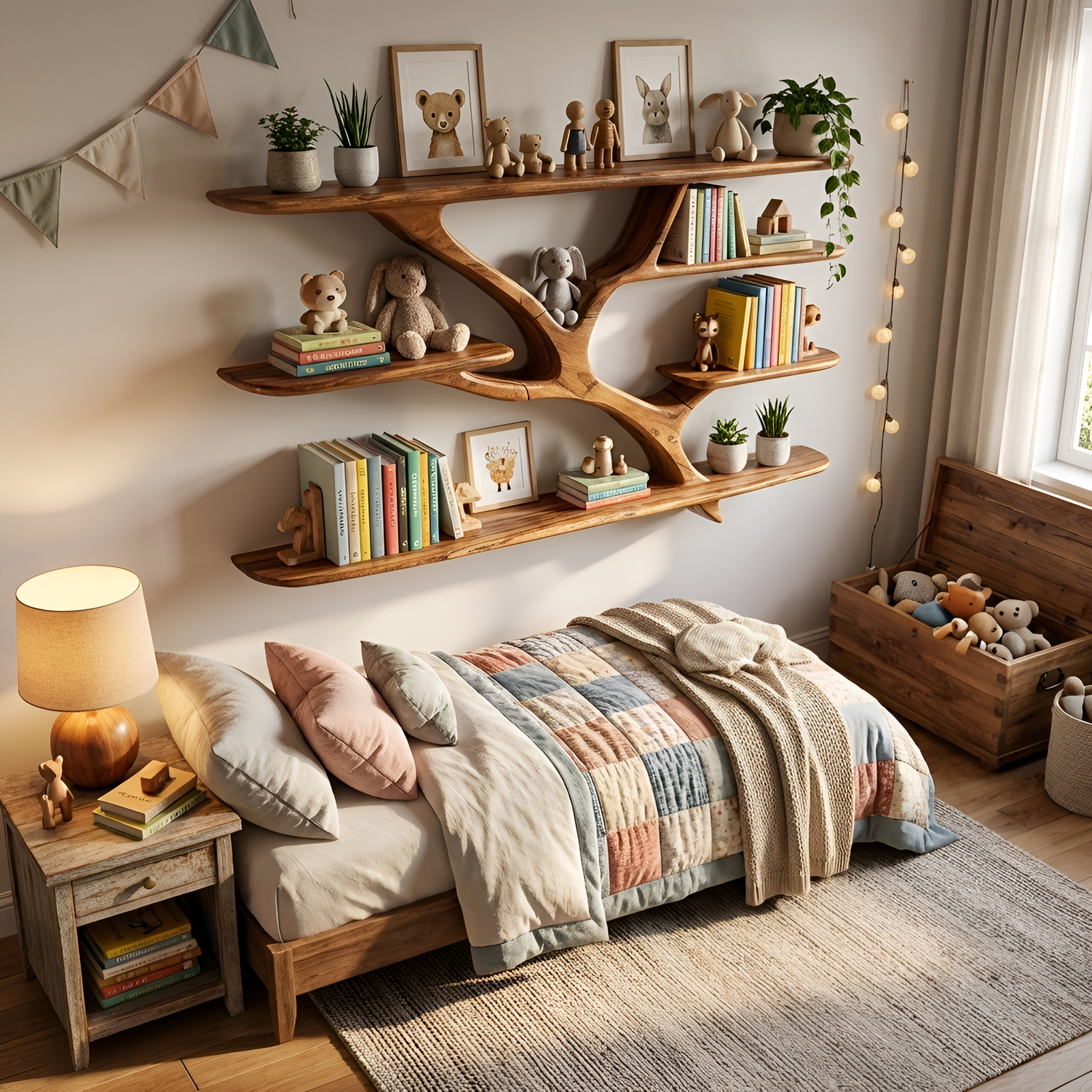 Industrial Floating Wooden Shelving Unit For Bedroom Organizer