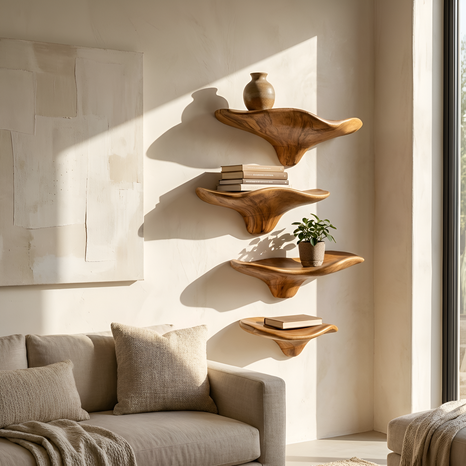 Mid Century Wooden Live Edge Mushroom Shelf For Natural Home Decor