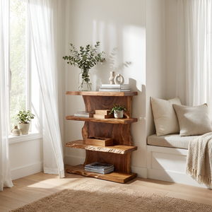 Modern Wooden Live Edge Standing Shelf For Entryway Storage Decor