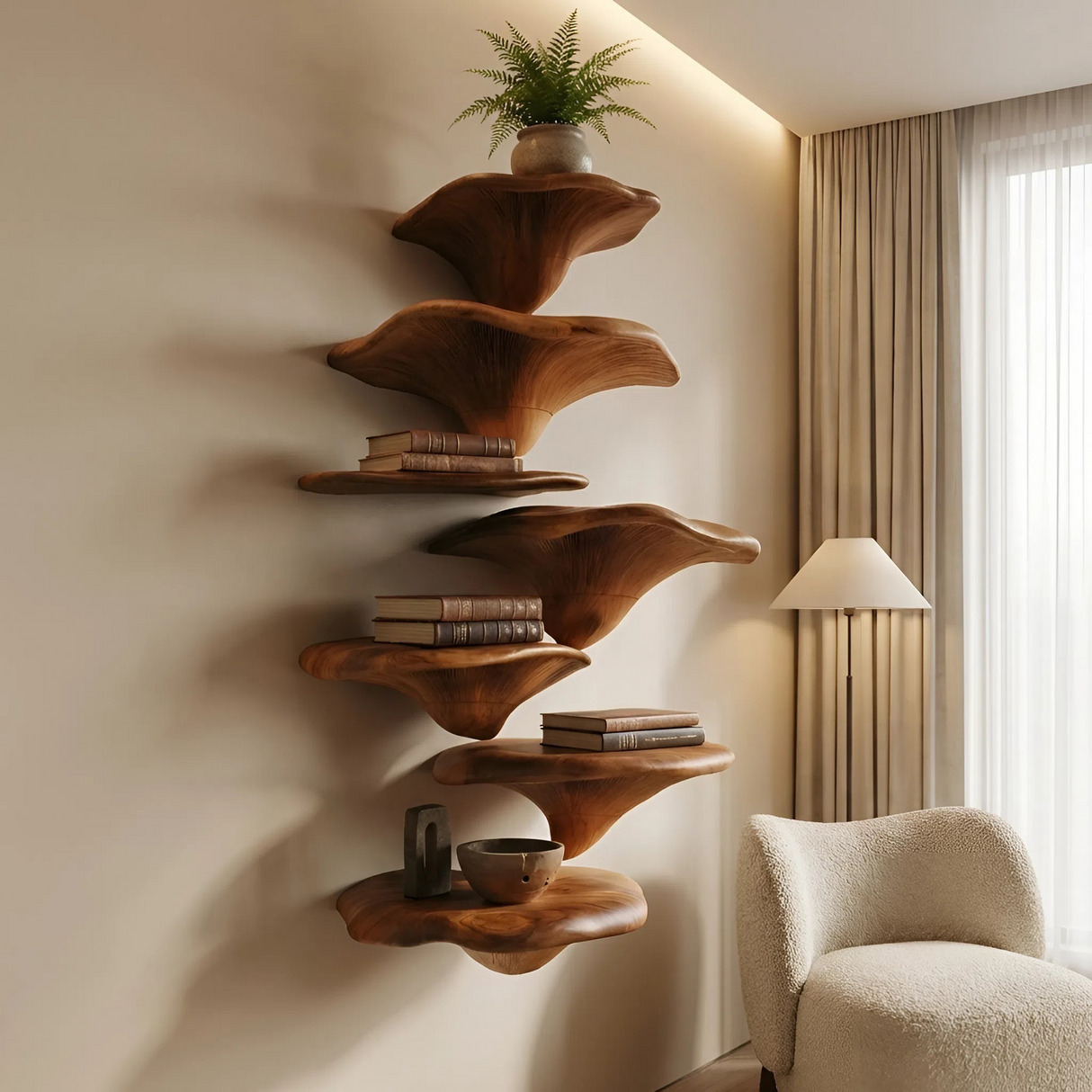 Handcrafted Solid Wood Mushroom Shelf For Organic Furniture Decor