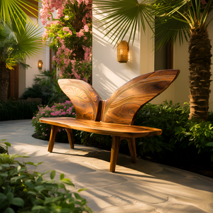 Organic Outdoor Wood Bench With Butterfly Wing Backrest For Garden