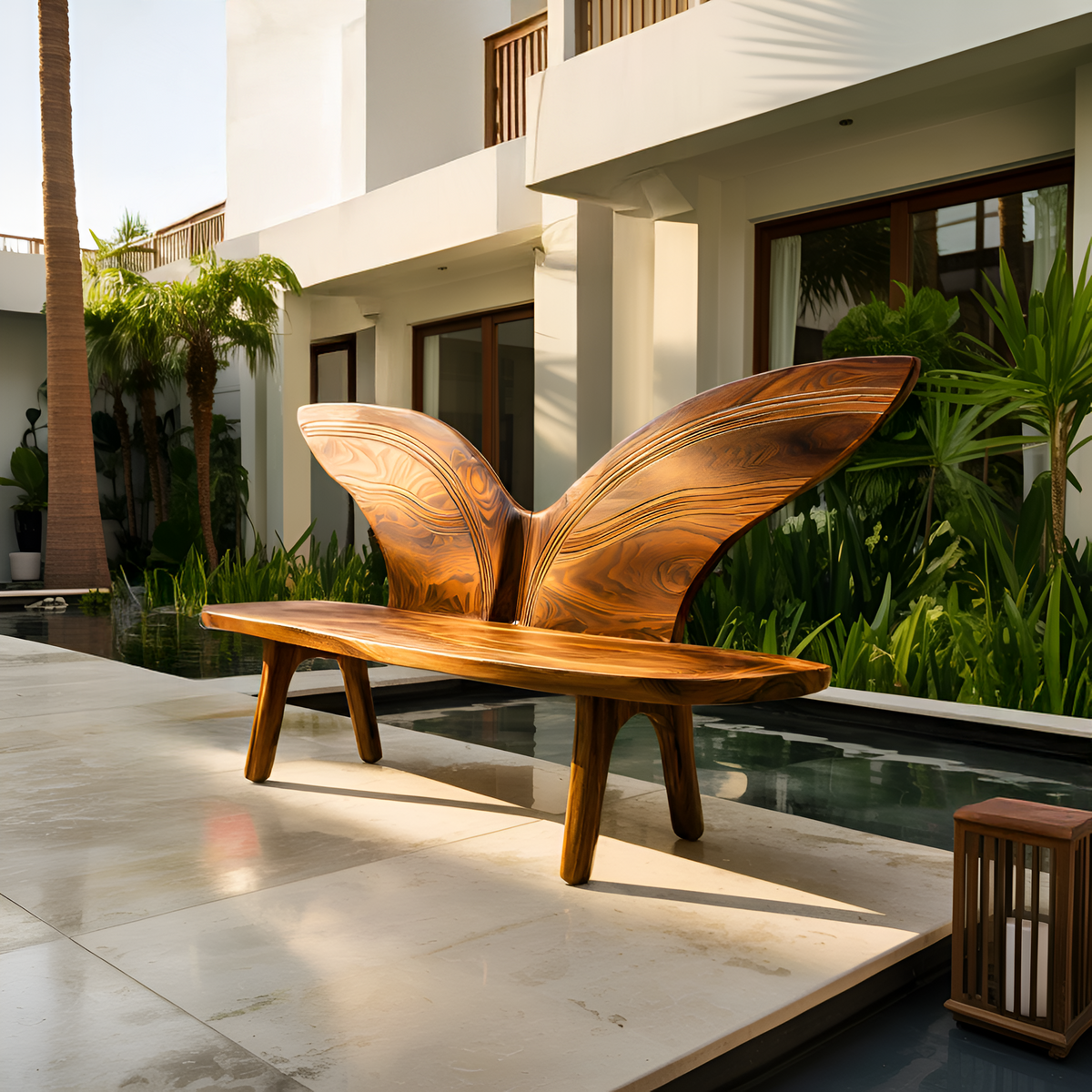 Organic Outdoor Wood Bench With Butterfly Wing Backrest For Garden