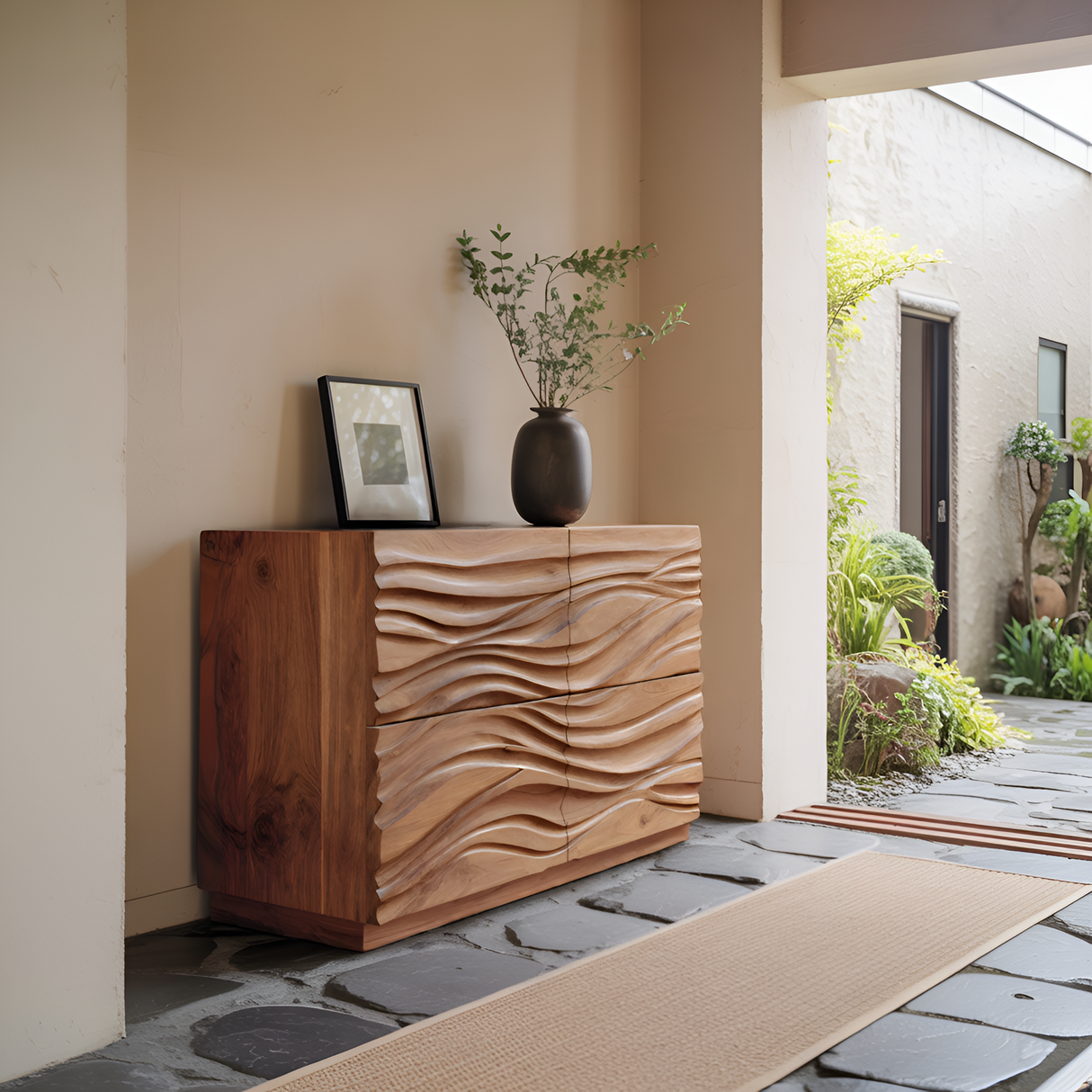 Handcrafted Sideboard Carved Wave Design For Living Decor