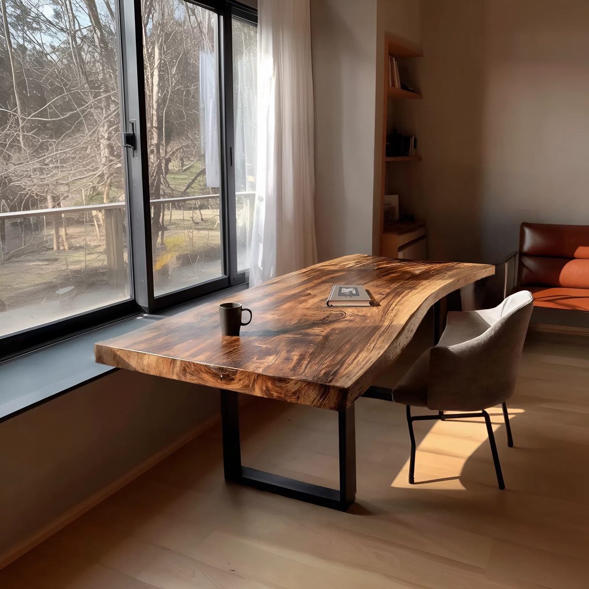 Mid Century Rustic Wooden Live Edge Desk For Home Office