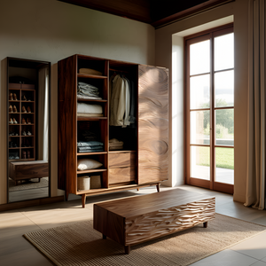 Minimal Wardrobe With Carved Front For Bedroom Space
