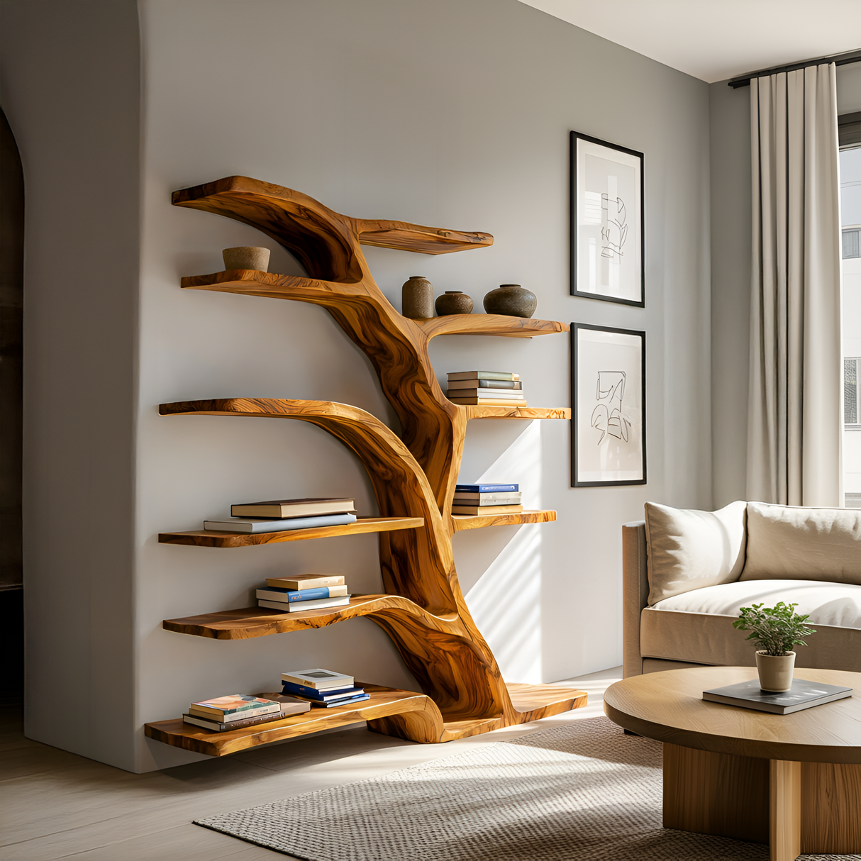 Modern Bookshelf Flowing Curved Design For Living Decor