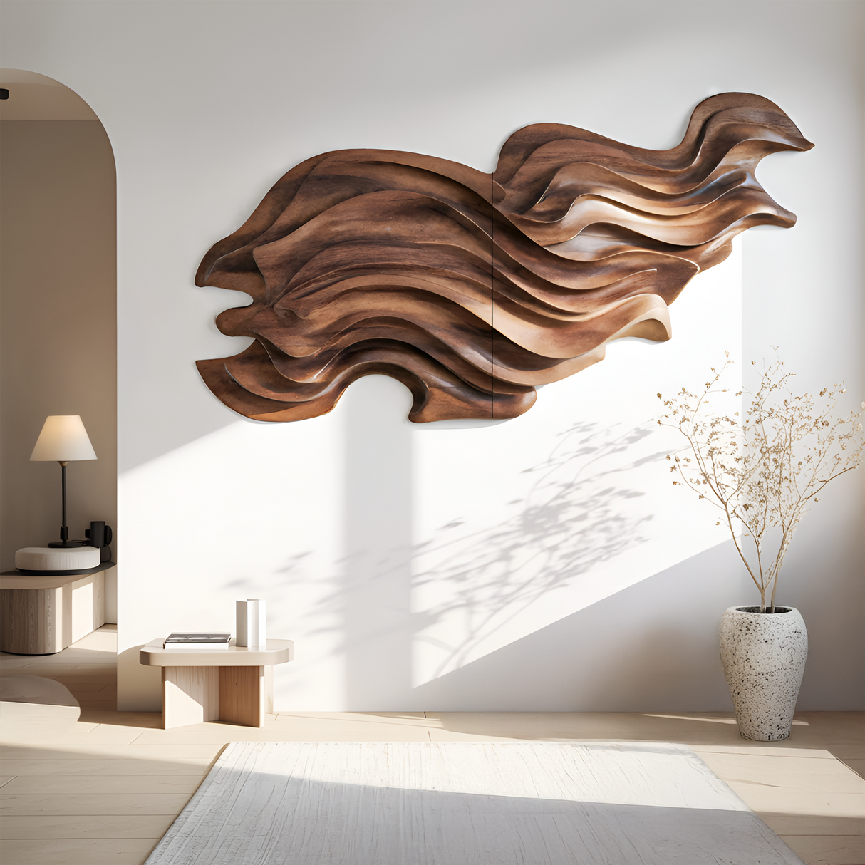 Flowing Wave Wall Sculpture With Abstract Carving For Living Room