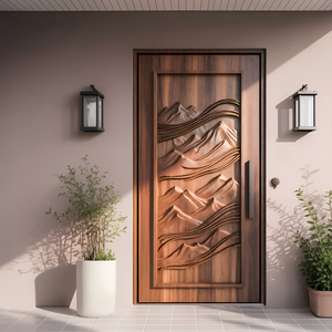Rustic Carved Front Door With Mountain Design For Cabin Or Lodge