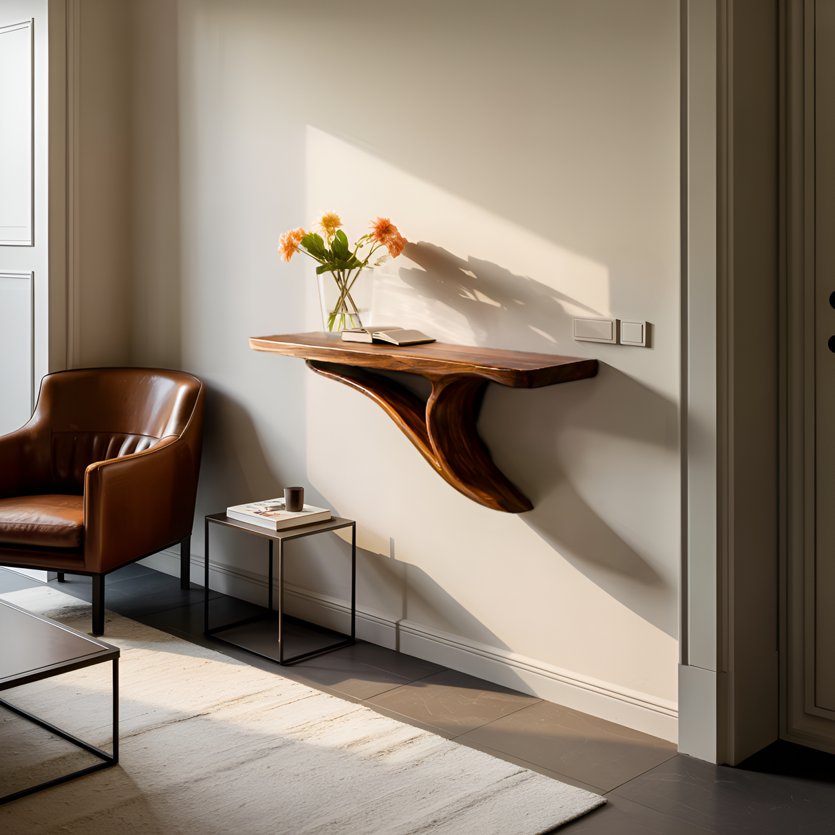 Modern Sculptural Wood Floating Shelf For Entryway Decor