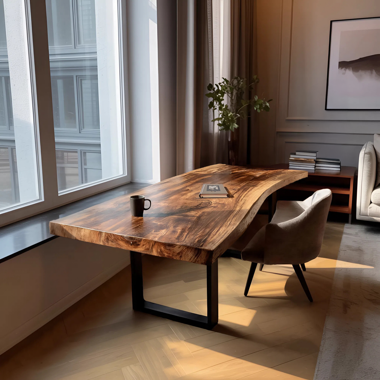 Mid Century Rustic Wooden Live Edge Desk For Home Office