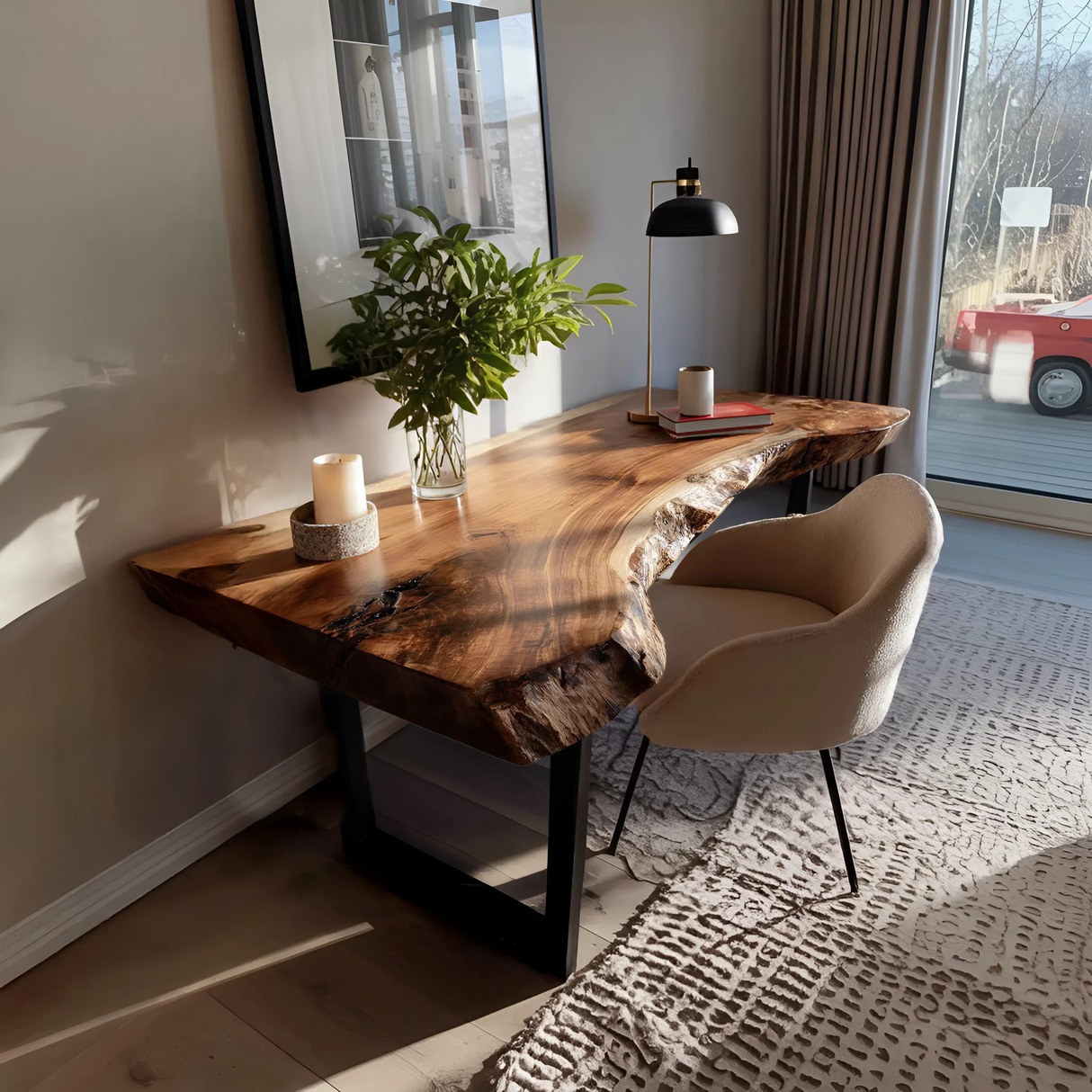 Mid Century Wooden Live Edge Desk For Living Room Decor
