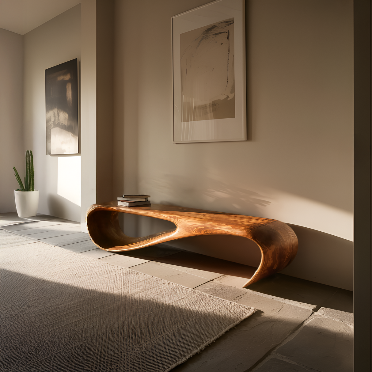 Handcrafted Style Bench With Sculptural Curves For Home