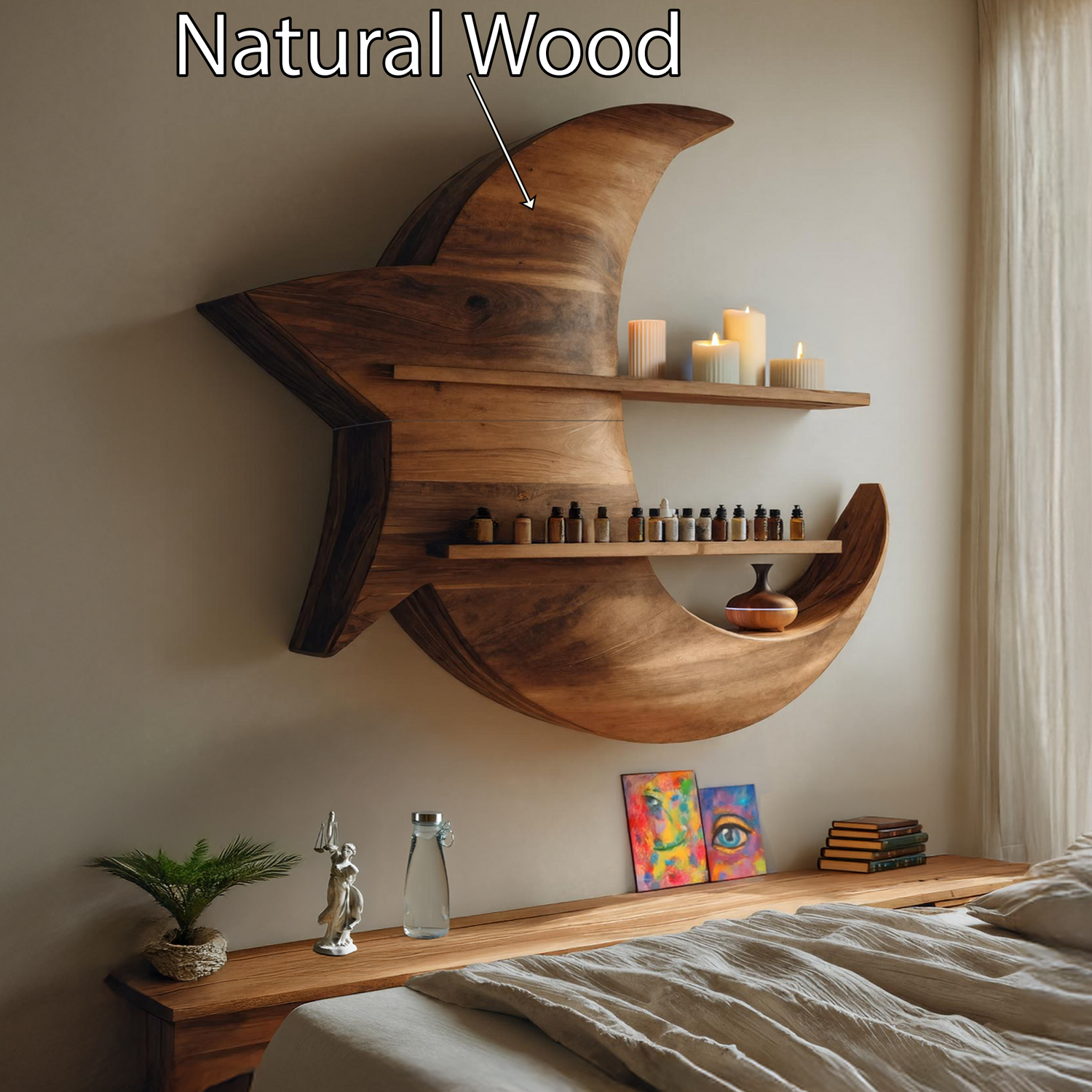 Handcrafted Moon And Star Wooden Shelf For Bedroom Decor