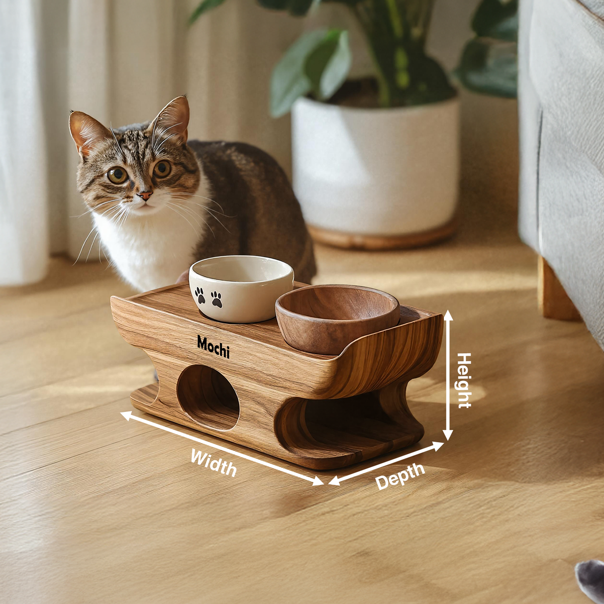 Mid Century Dog Food Bowl Stand With Wooden Base